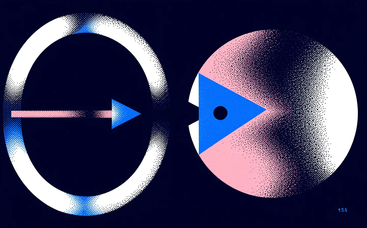 A flat two-ink riso emblem of an ultramarine cyclic-heptapeptide ring feeding a riso-pink central hub node with cyan signal dots, halftone-shaded, on a deep midnight ground